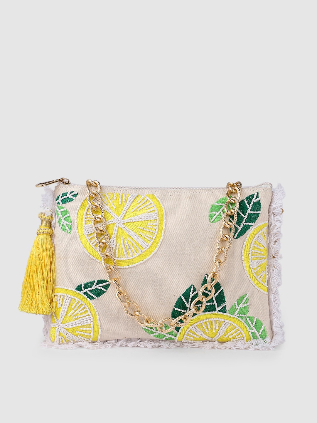 

AccessHer Beige & Yellow Embellished Jute Structured Sling Bag
