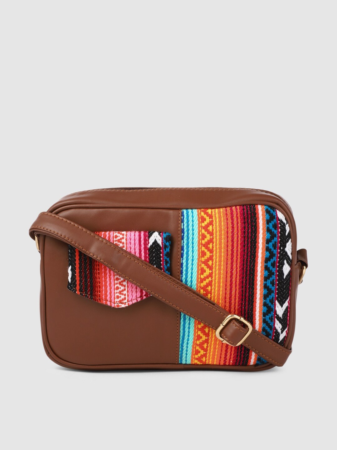 

AccessHer Brown Colourblocked Leather Structured Sling Bag with Applique