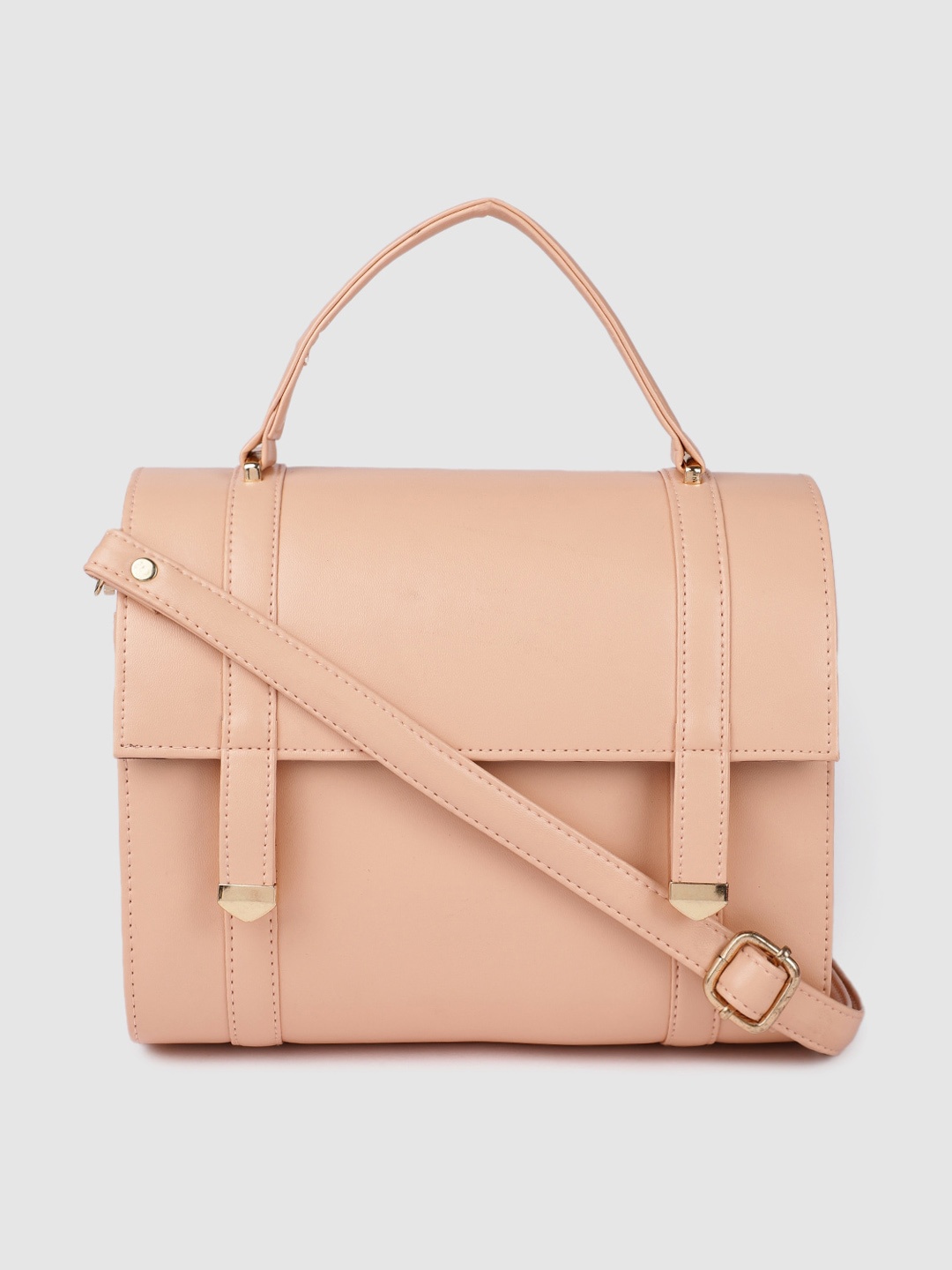 

AccessHer Peach-Coloured Leather Structured Satchel