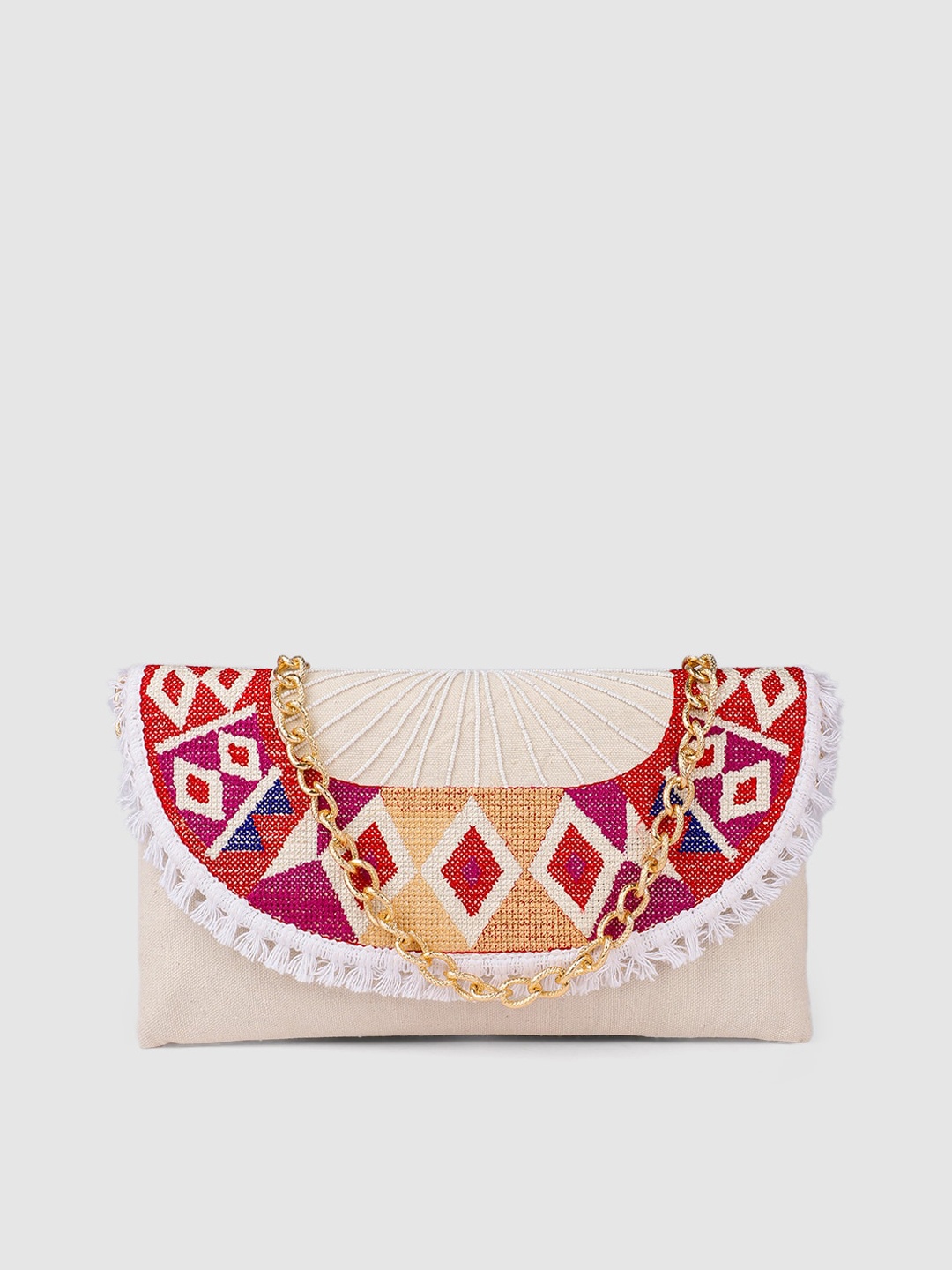 

AccessHer Beige & Red Geometric Jute Structured Sling Bag
