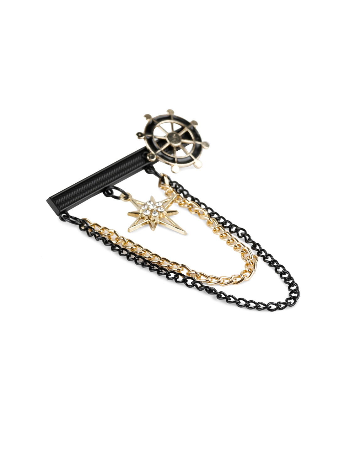 

Alvaro Castagnino Men Black & Gold-Toned White Stone-Studded Chained Brooch