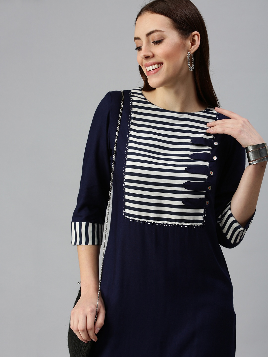 

SHOWOFF Women Navy Blue Yoke Design Kurta