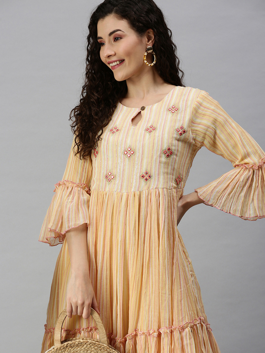 

SHOWOFF Women Yellow Striped Three-Quarter Sleeves Keyhole Neck Mirror Work Anarkali Kurta