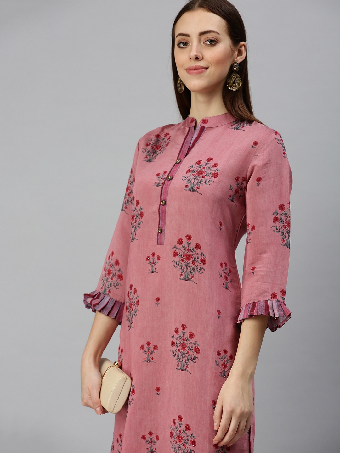 

SHOWOFF Women Purple Floral Three-Quarter Sleeves Mandarin Collar Straight Kurta