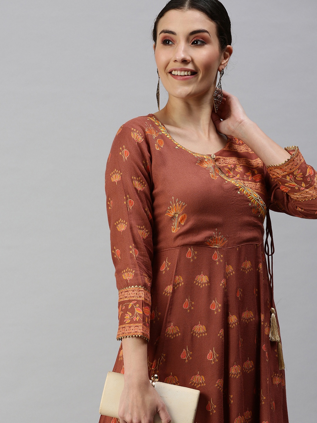 

SHOWOFF Women Rust Orange Floral Printed Cotton Angrakha Kurta