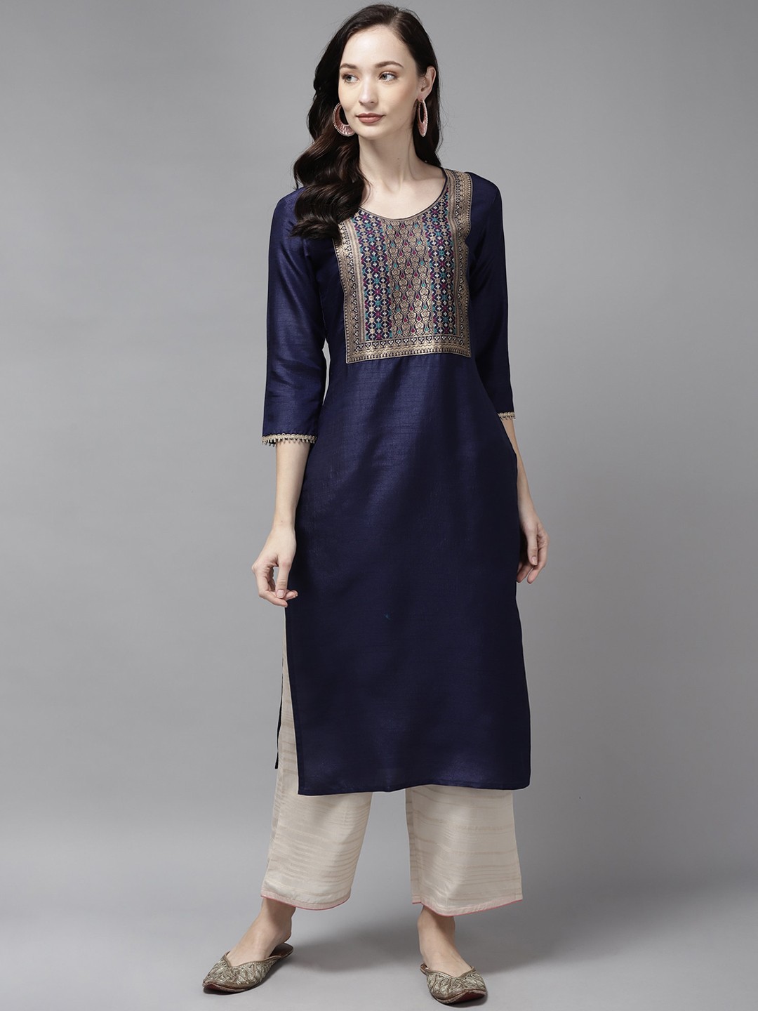 

Indo Era Women Navy Blue & Gold-Toned Yoke Design Kurta