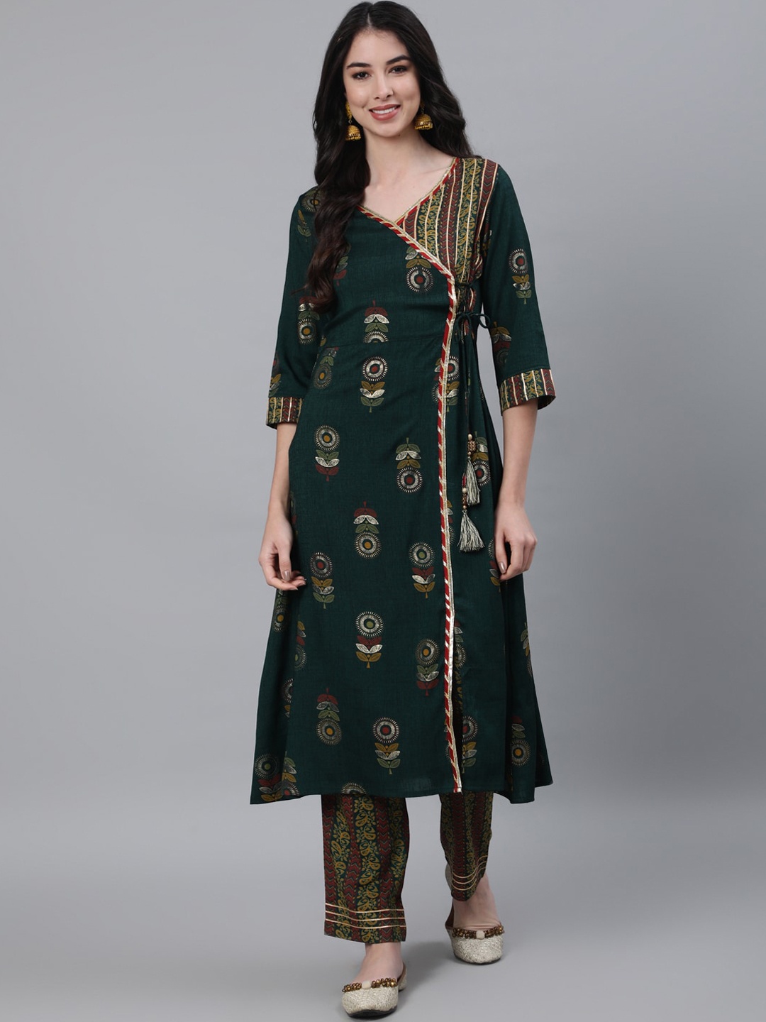 

Jaipur Kurti Women Olive Green Floral Printed Angrakha Kurta with Palazzos