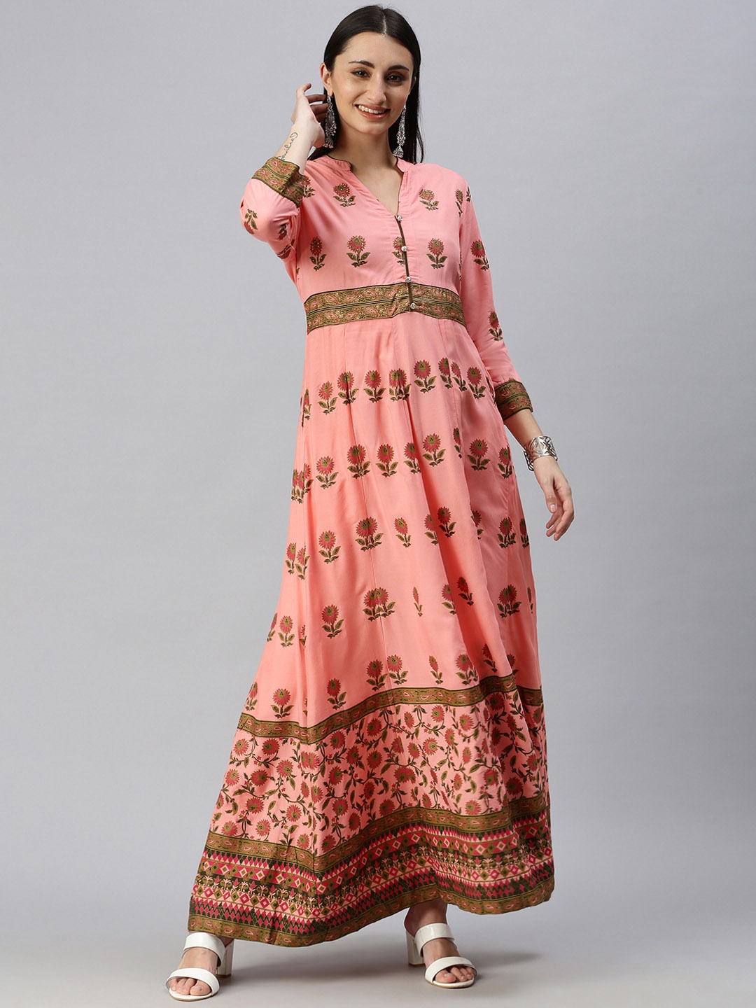 

SHOWOFF Women Pink Ethnic Motifs Mandarin Collar Beads and Stones Anarkali Kurta