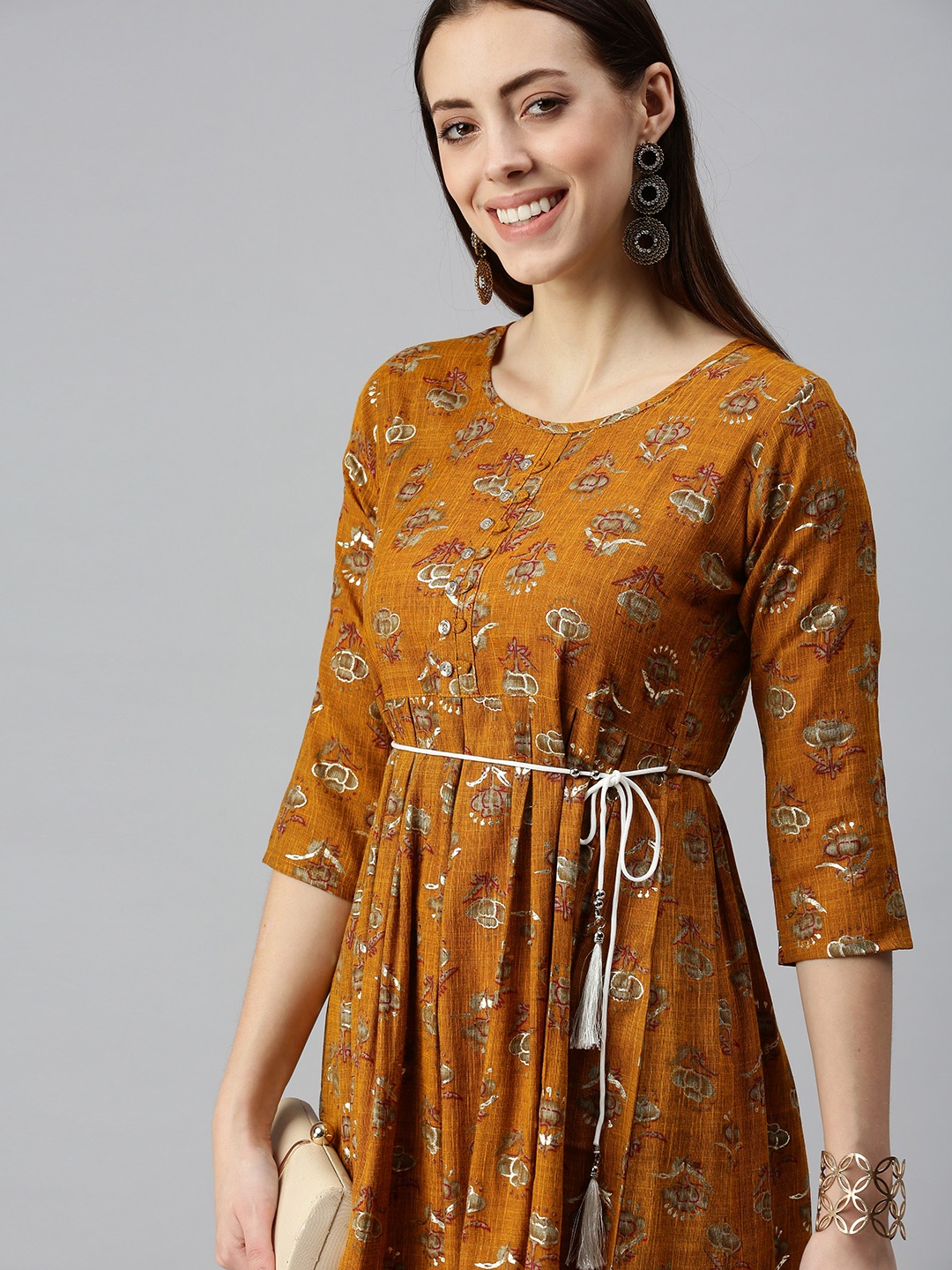 

SHOWOFF Women Mustard Yellow Floral Printed Round Neck Three-Quarte Sleeves A-line Kurta