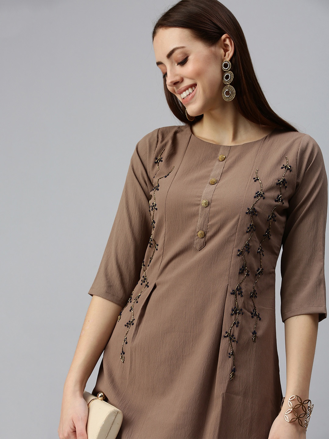 

SHOWOFF Women Brown Floral Sequinned Poly Crepe Straight Kurta