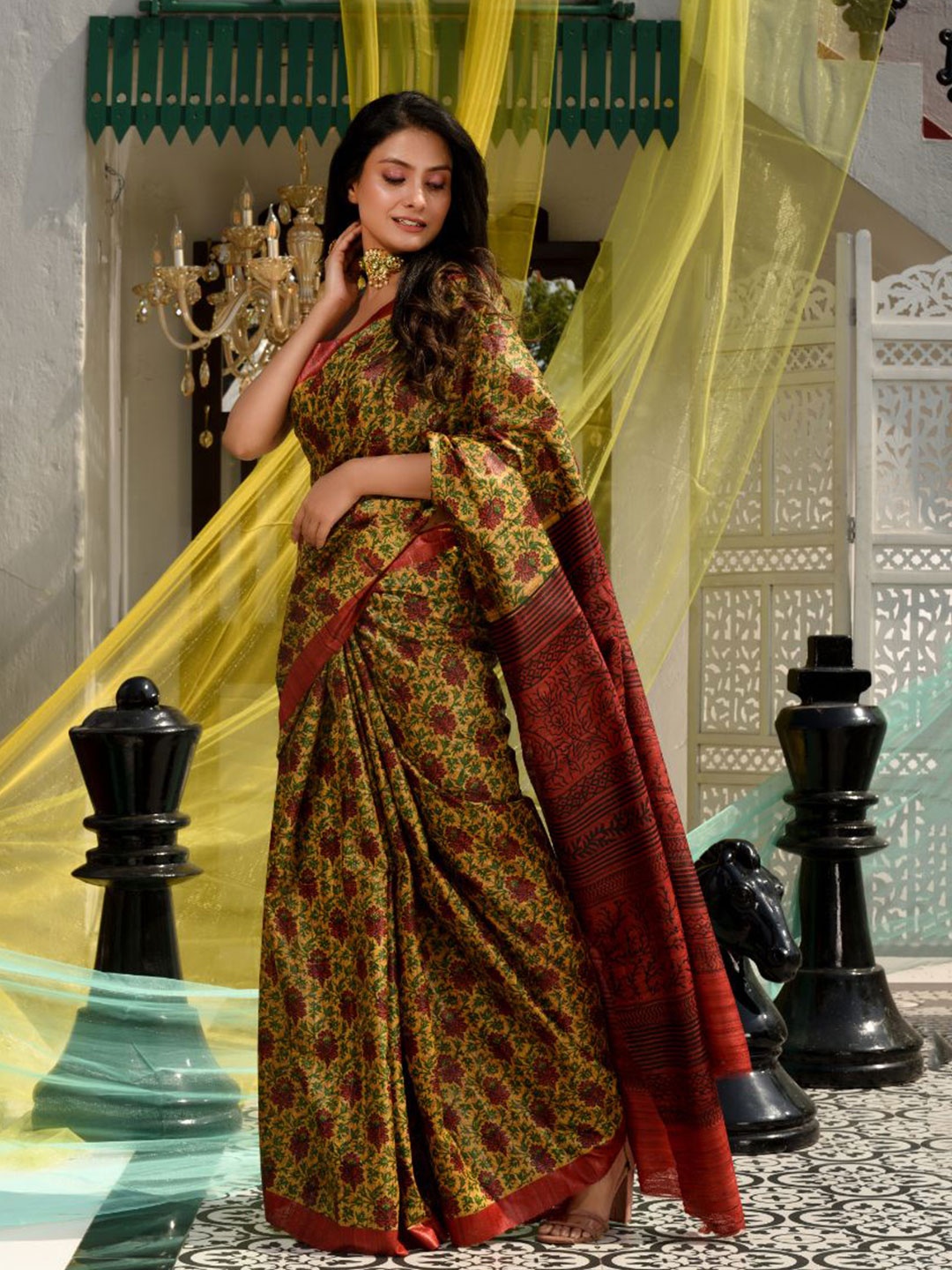 

Charukriti Mustard & Red Ethnic Motifs Printed Pure Silk Saree