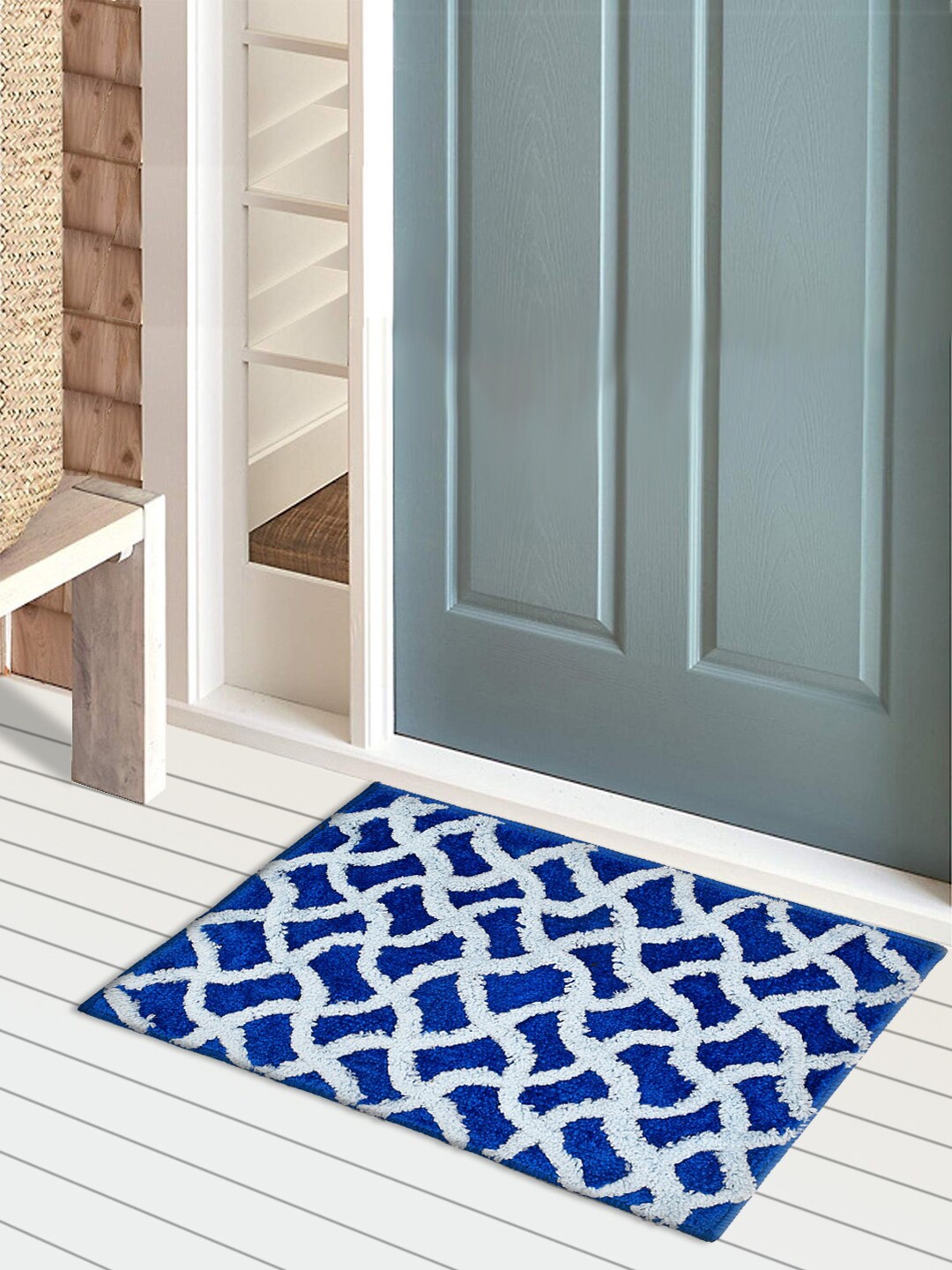 Kuber Industries Blue & White Wave Design Non-Slip Velvet Door Mat