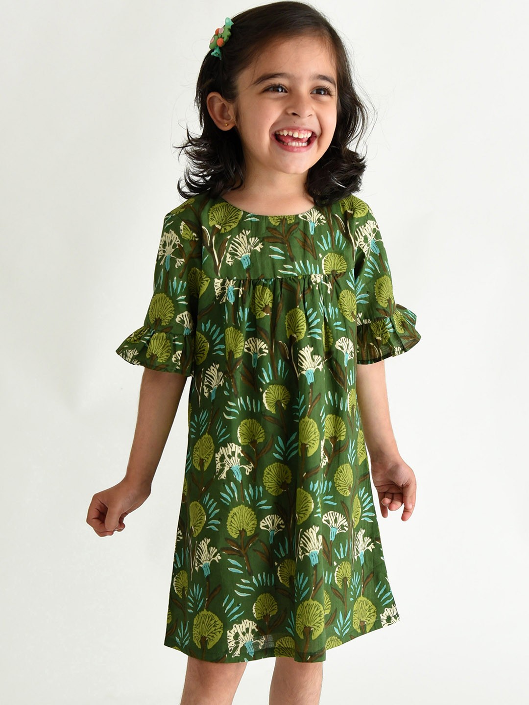 

Campana Girls Green & Off-White Tropical Printed Cotton A-Line Dress