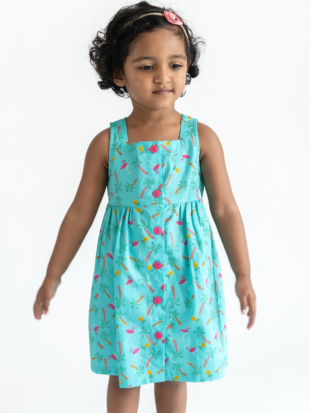 

Campana Girls Turquoise Blue & Pink Tropical Printed Cotton Fit & Flare Dress