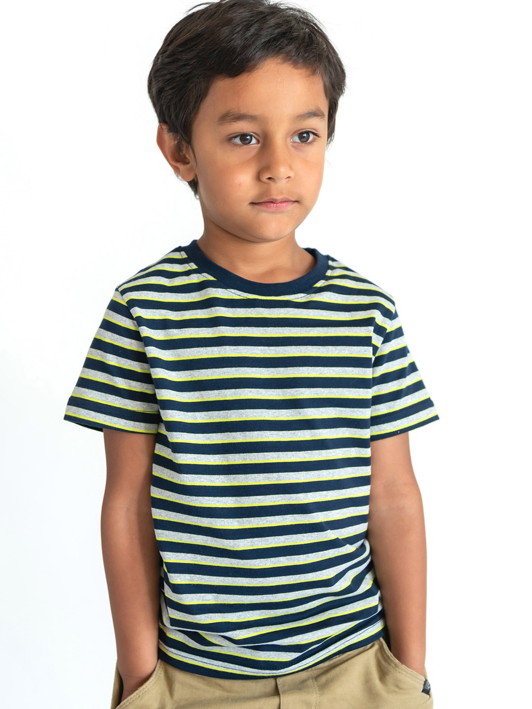 

Campana Boys Navy Blue & Grey Striped Pure Cotton T-shirt