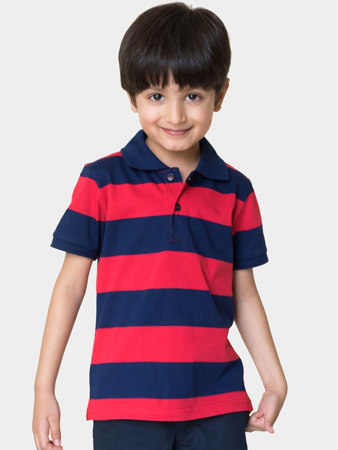 

Campana Boys Navy Blue & Red Striped Polo Collar Pure Cotton T-shirt