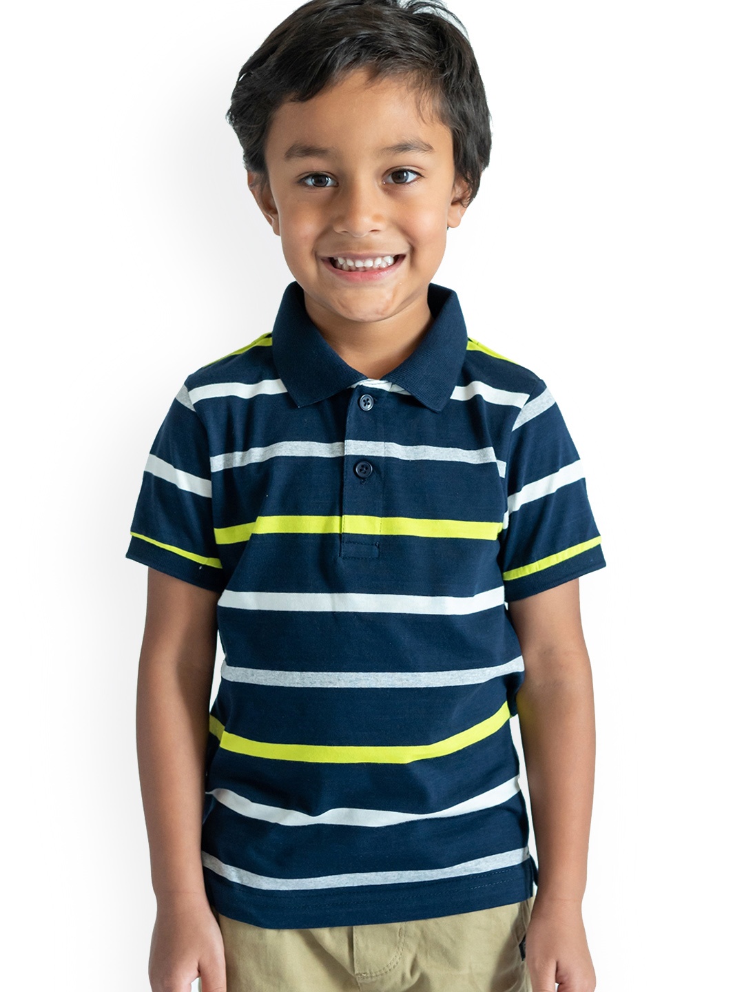 

Campana Boys Navy Blue Striped Polo Collar Pure Cotton T-shirt