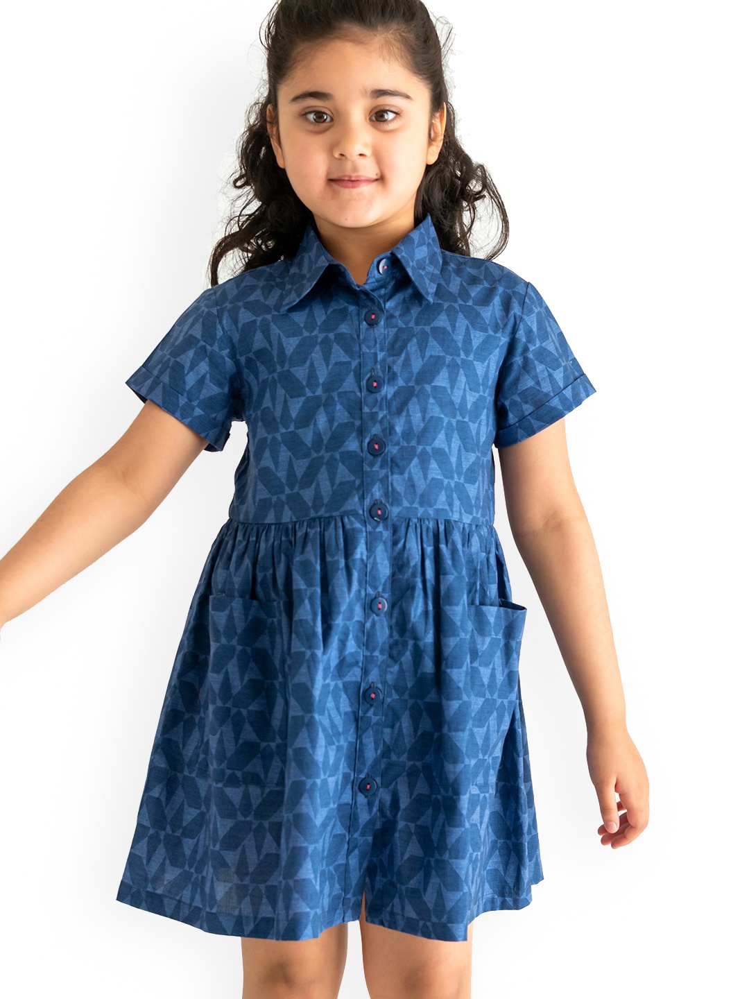 

Campana Girls Printed Cotton Short Sleeves Knee Length Fit and Flare Dress, Navy blue
