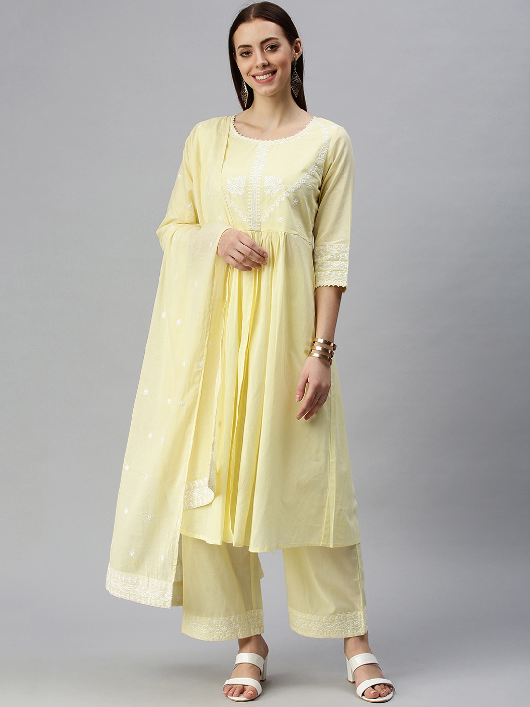 

SHOWOFF Women Yellow Embroidered Chikankari A-Line Kurta Sets