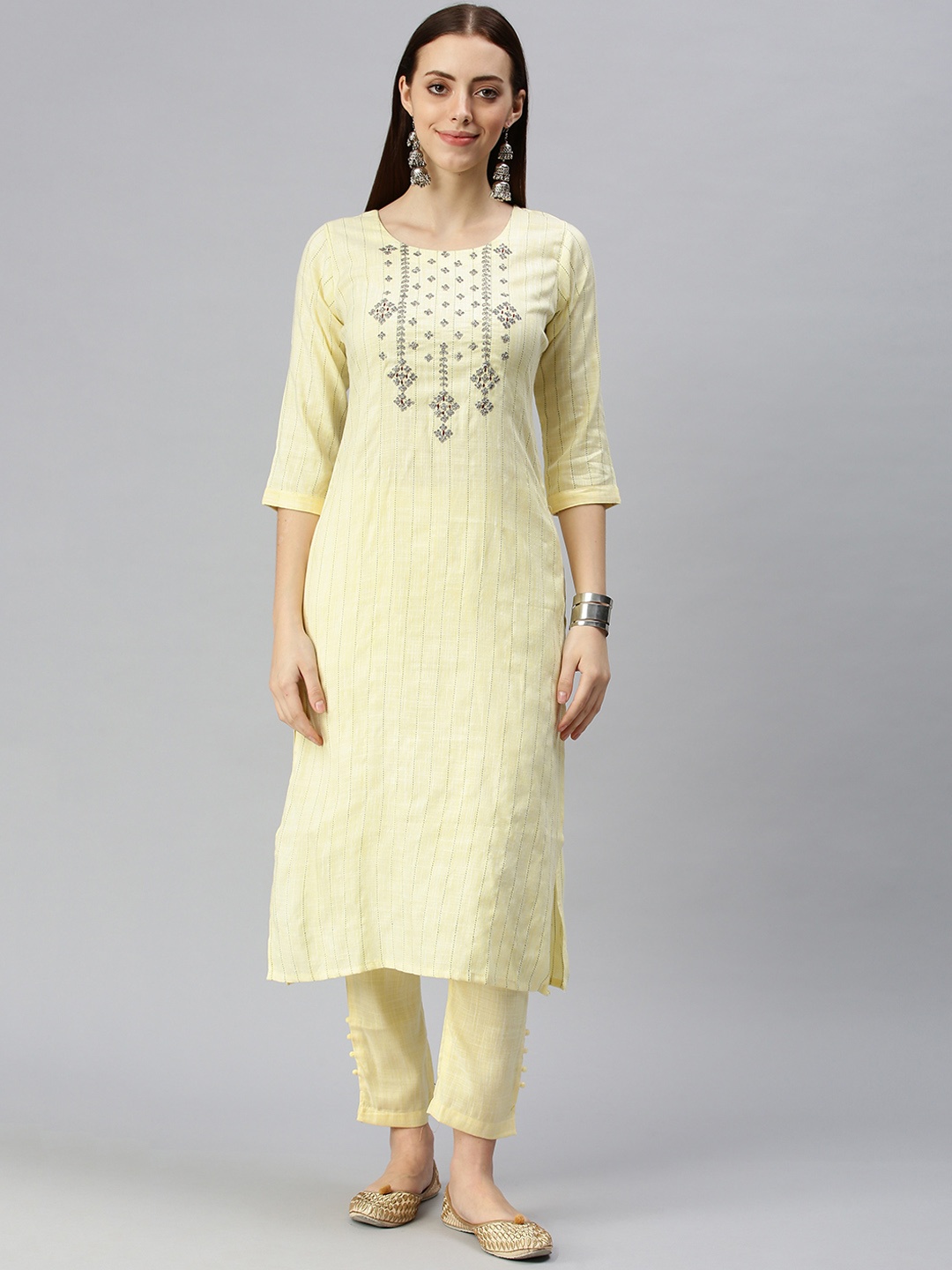 

SHOWOFF Women Yellow Yoke Design Panelled Kurta with Trousers