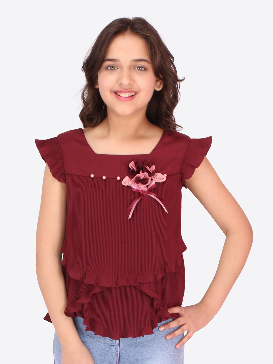 

CUTECUMBER Girls Maroon Solid Square Neck Regular Top