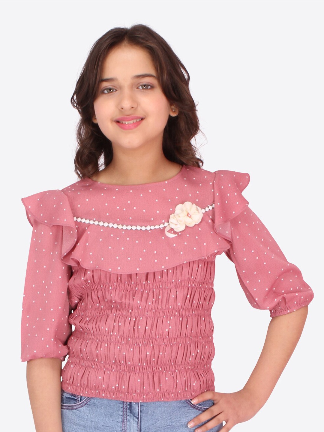

CUTECUMBER Girls Pink Smocked Georgette Top