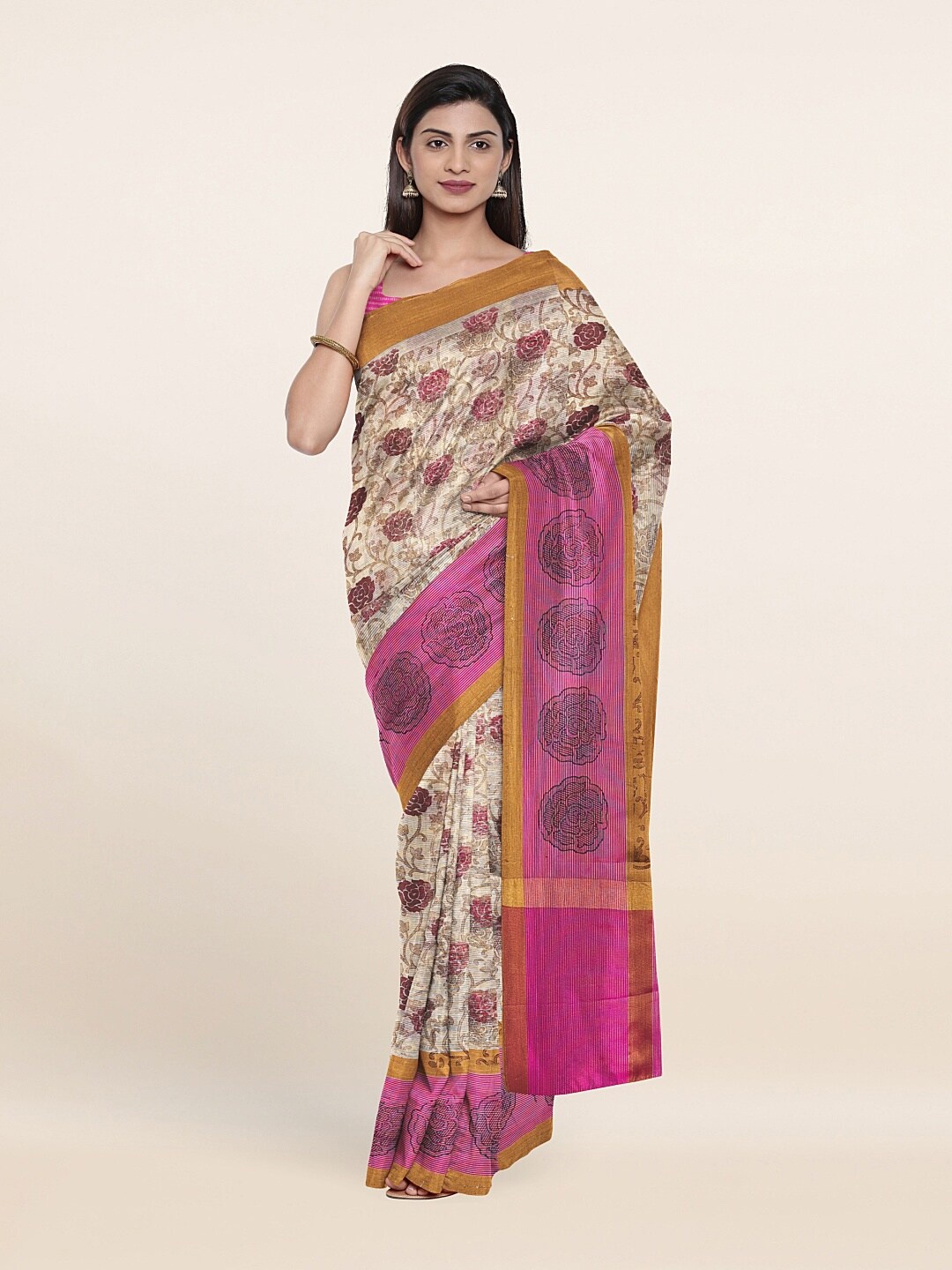 

Pothys Cream-Coloured & Pink Floral Printed Zari Saree