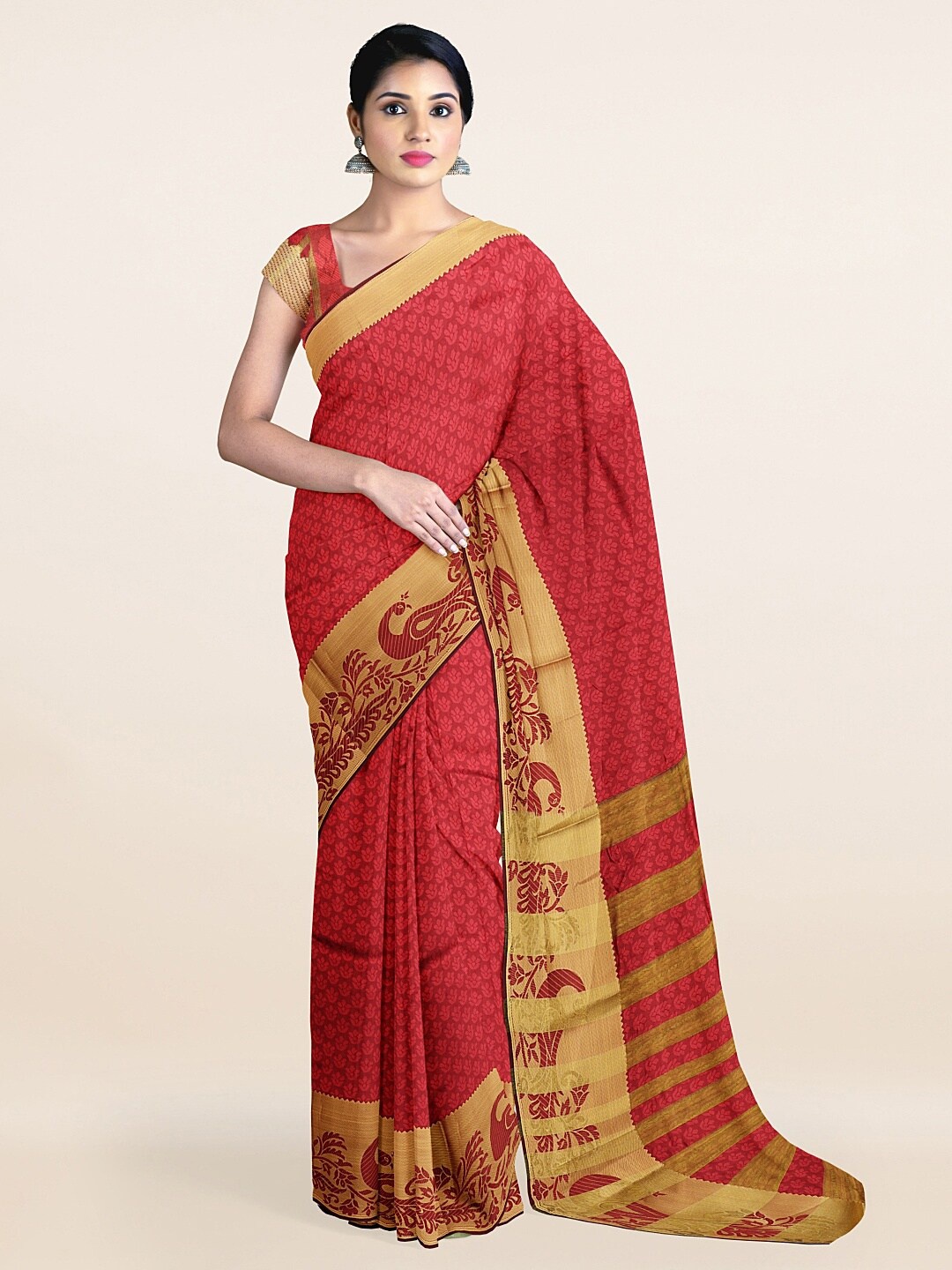 

Pothys Maroon & Gold Ethnic Motifs Woven Design Cotton Blend Zari Saree