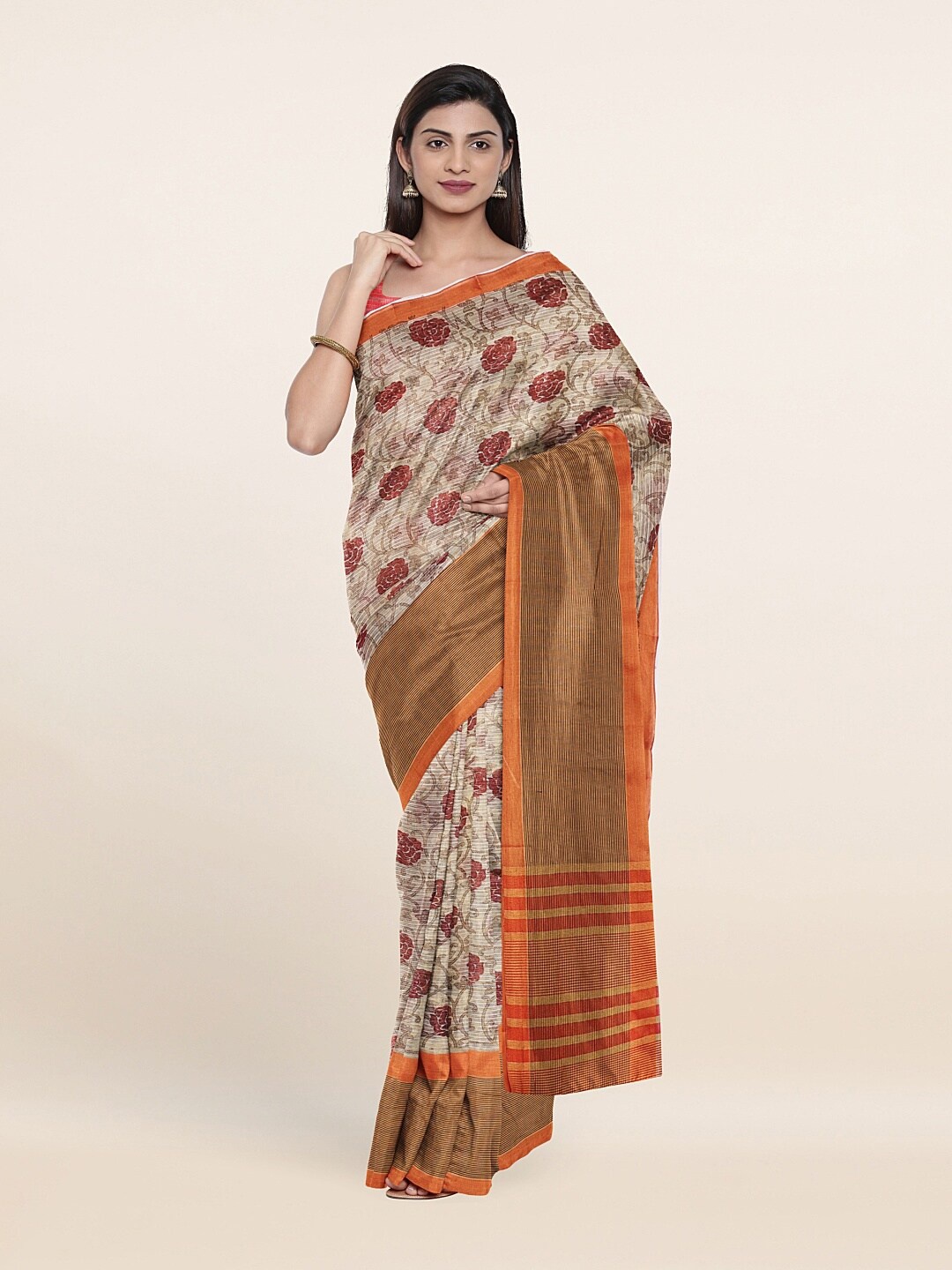 

Pothys Brown & Orange Floral Printed Saree