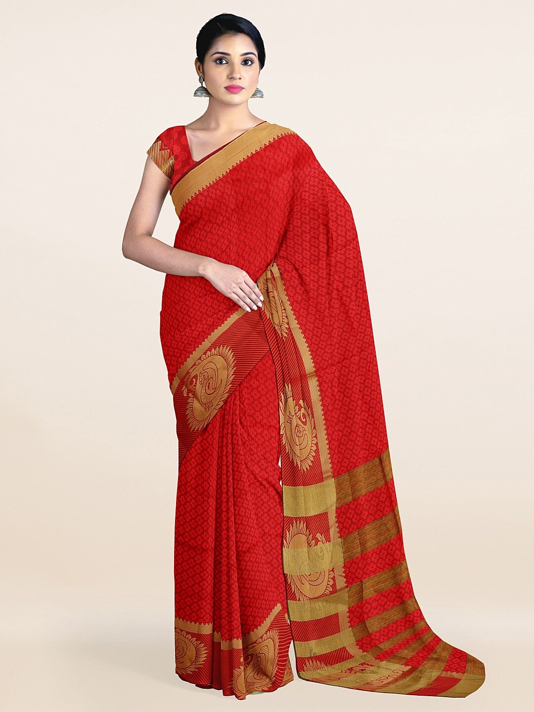 

Pothys Red & Gold-Toned Floral Printed Zari Saree