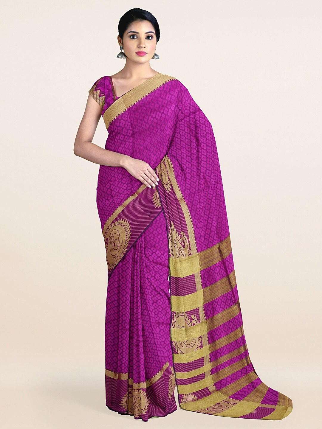 

Pothys Purple & Gold-Toned Woven Design Cotton Blend Zari Saree