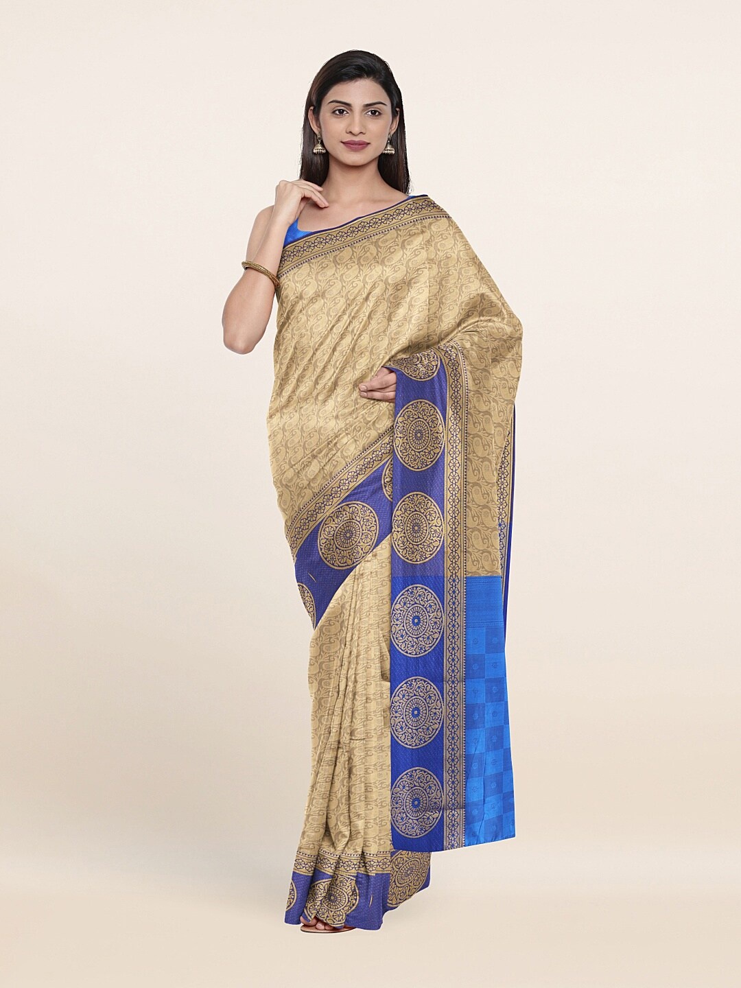 

Pothys Tan & Blue Ethnic Motifs Woven Design Zari Pure Cotton Saree