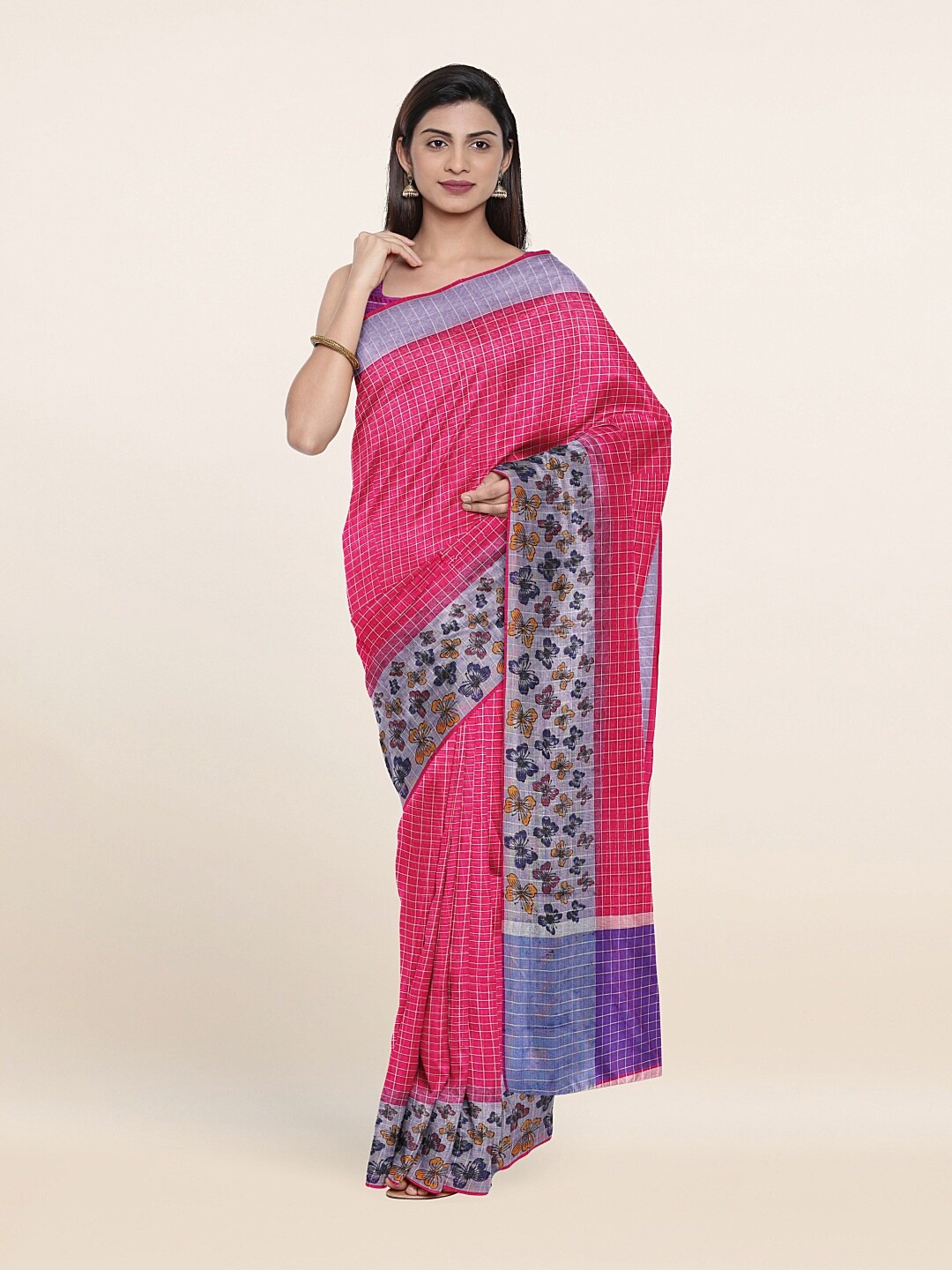 

Pothys Magenta & Violet Checked Zari Saree