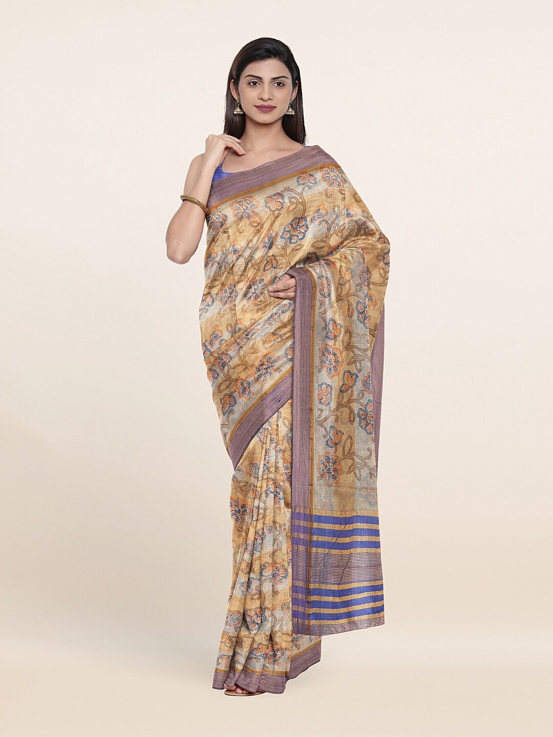 

Pothys Cream-Coloured & Blue Floral Zari Saree