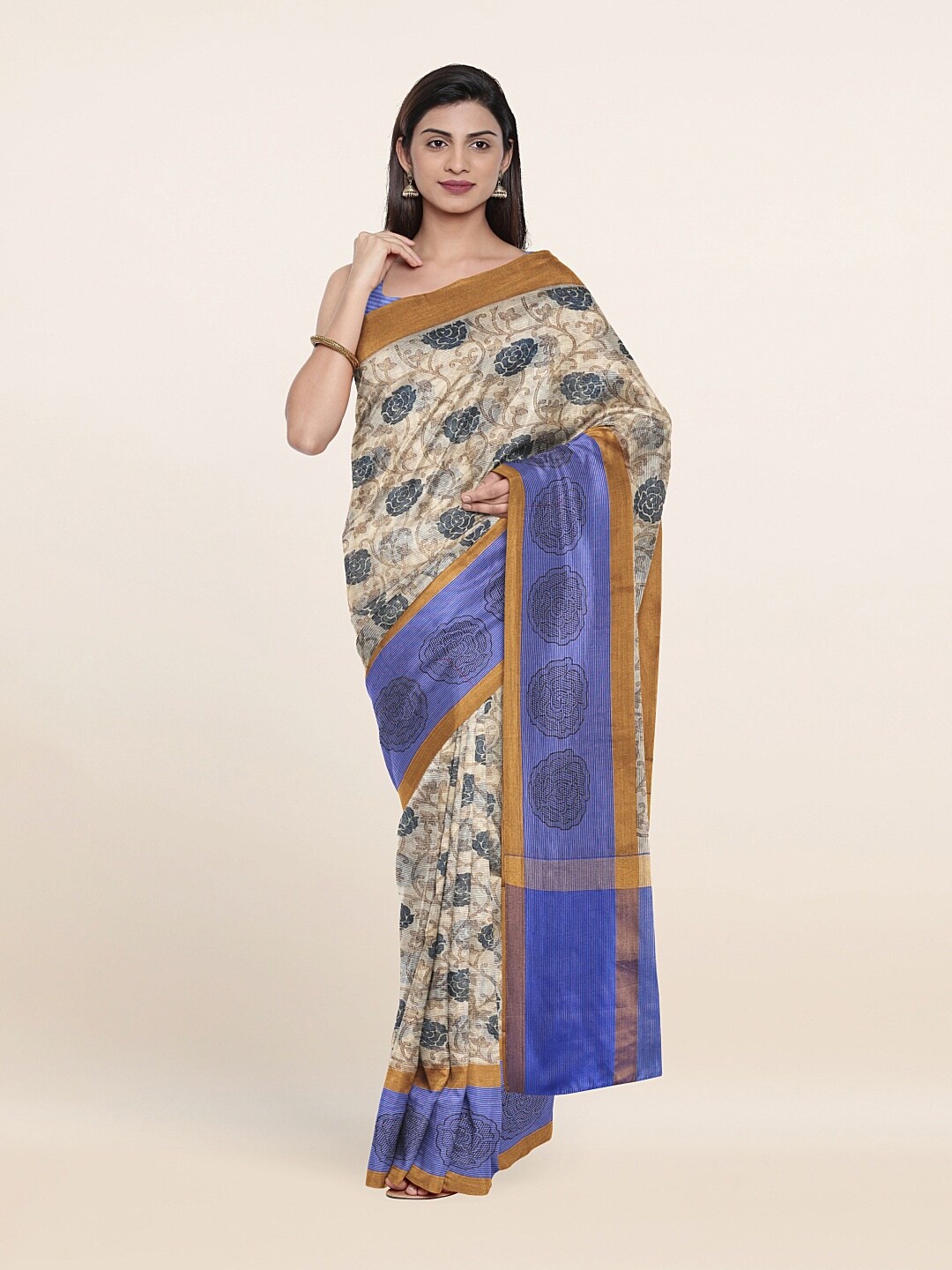 

Pothys Cream-Coloured & Blue Floral Zari Saree