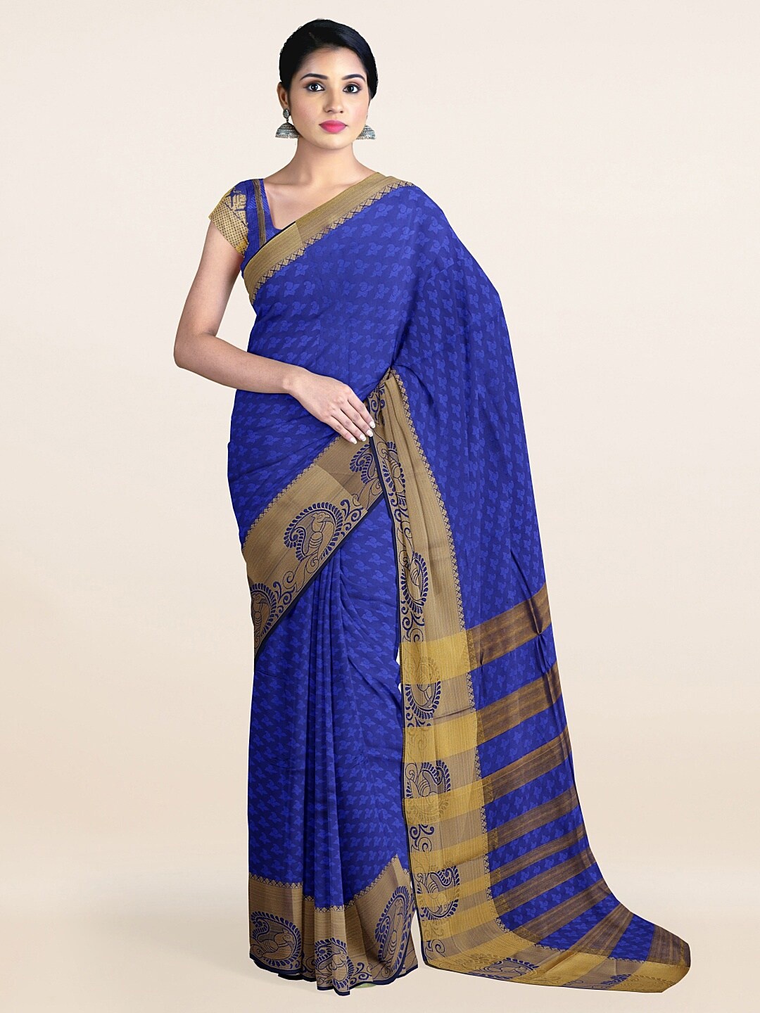 

Pothys Blue & Gold-Toned Ethnic Motifs Cotton Blend Zari Saree