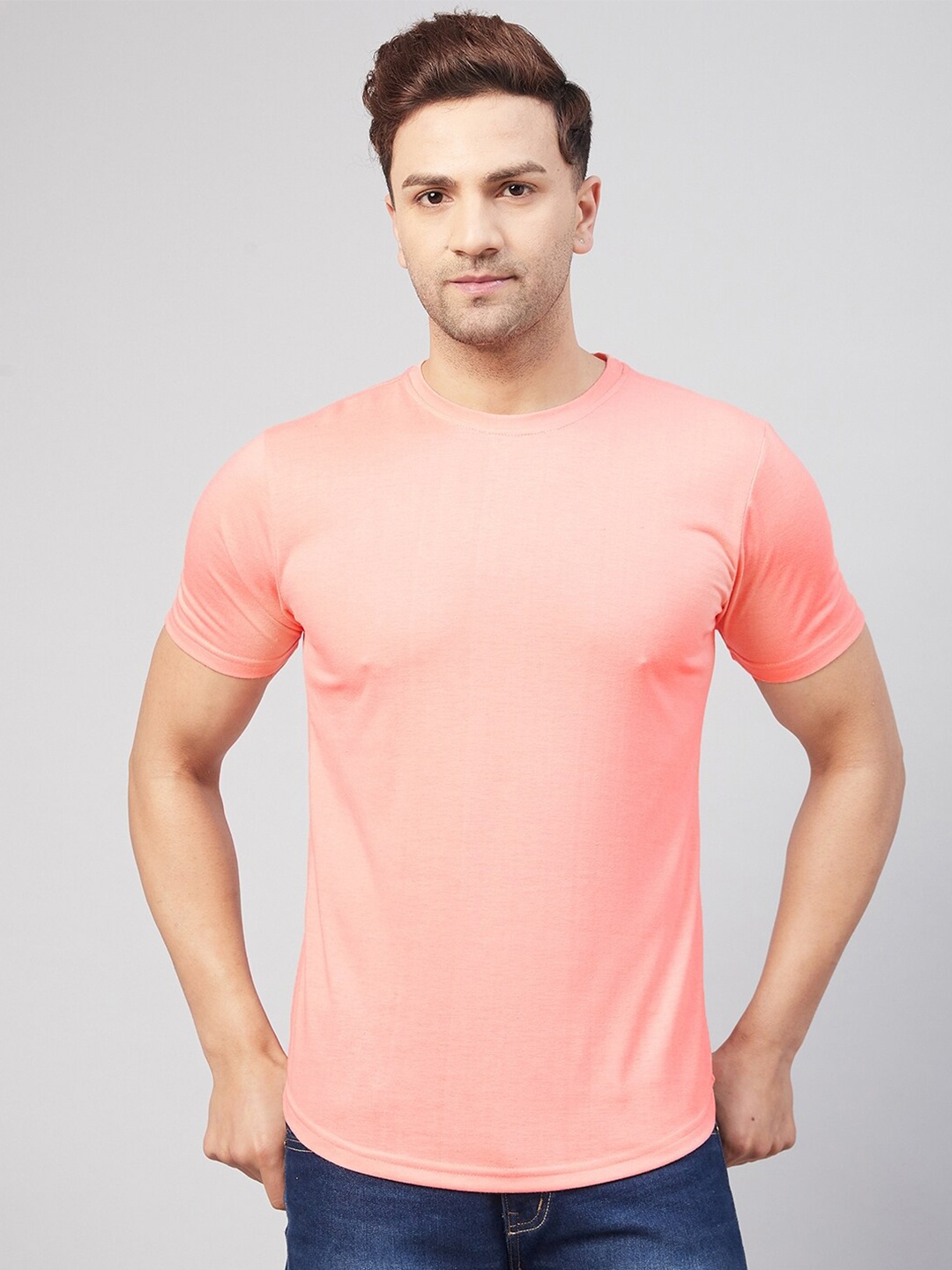 

GRITSTONES Men Coral Solid Round Neck T-shirt