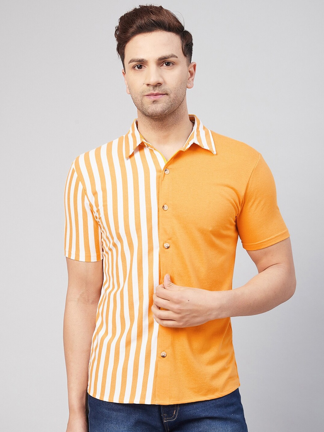 

GRITSTONES Men Mustard Yellow & White Comfort Striped Cotton Casual Shirt