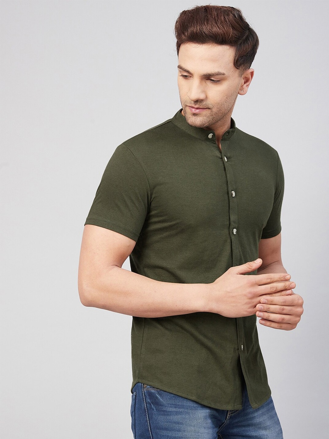 

GRITSTONES Men Olive Green Solid Cotton Comfort Casual Shirt