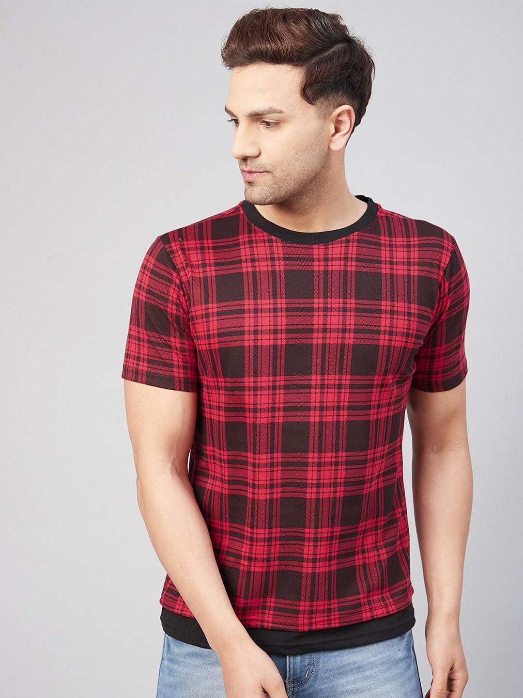 

GRITSTONES Men Red & Black Checked Regular Fit T-shirt