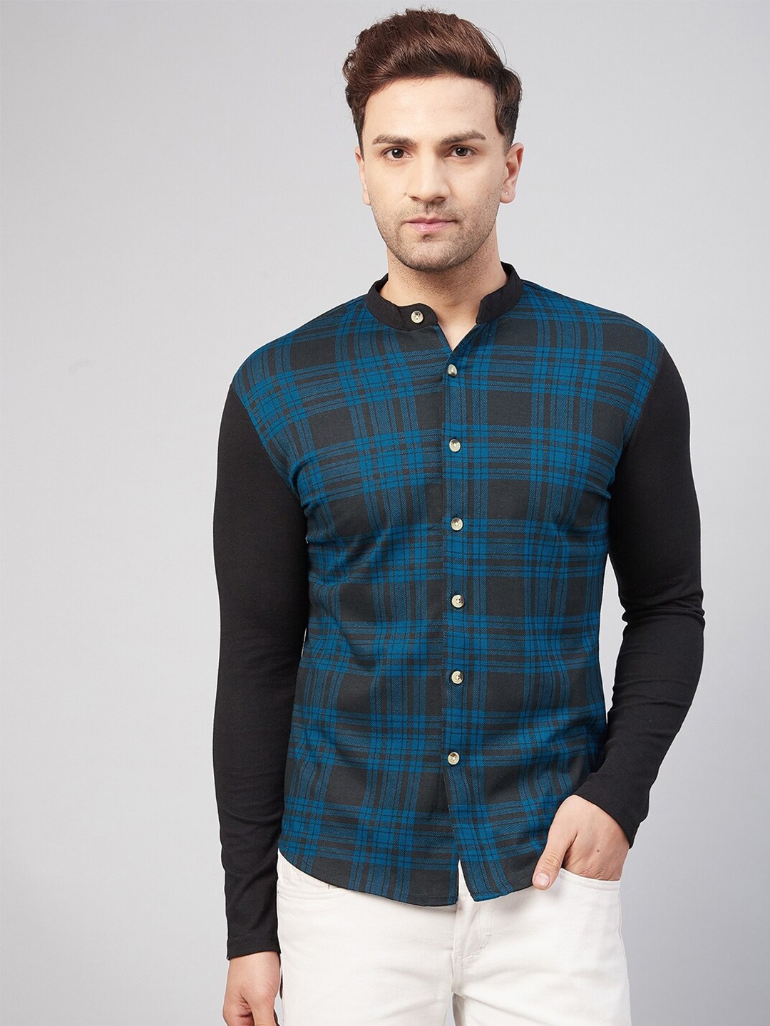 

GRITSTONES Men Blue & Black Comfort Tartan Checks Cotton Casual Shirt
