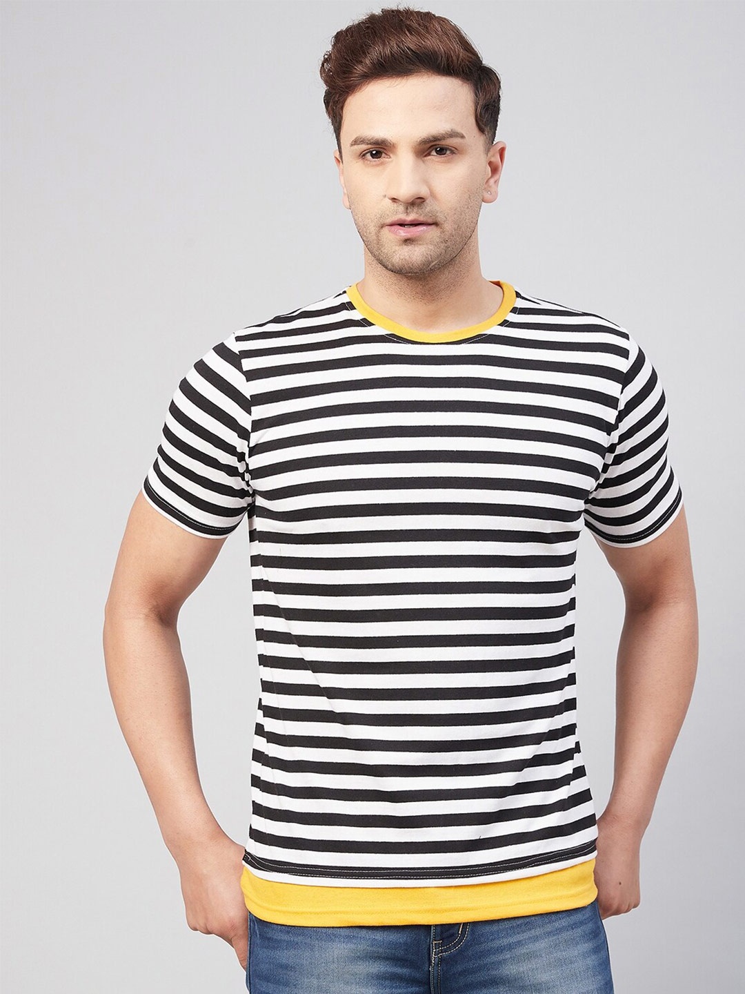 

GRITSTONES Men Black & White Striped Regular Fit T-shirt