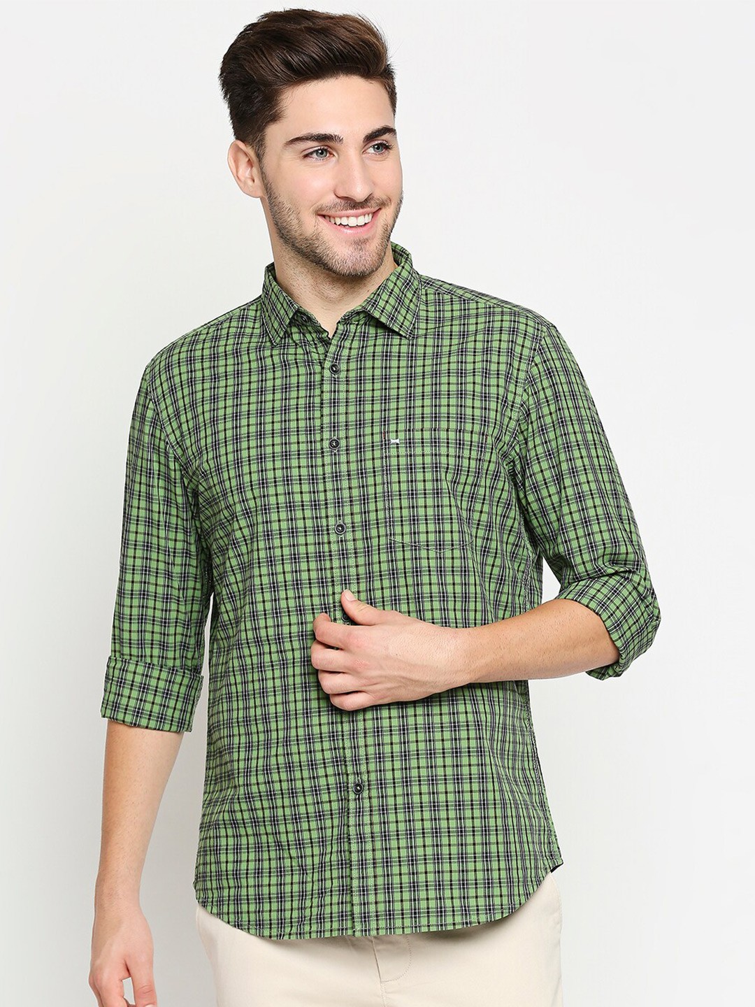

Basics Men Green & Navy Blue Slim Fit Tartan Checks Checked Pure Cotton Casual Shirt