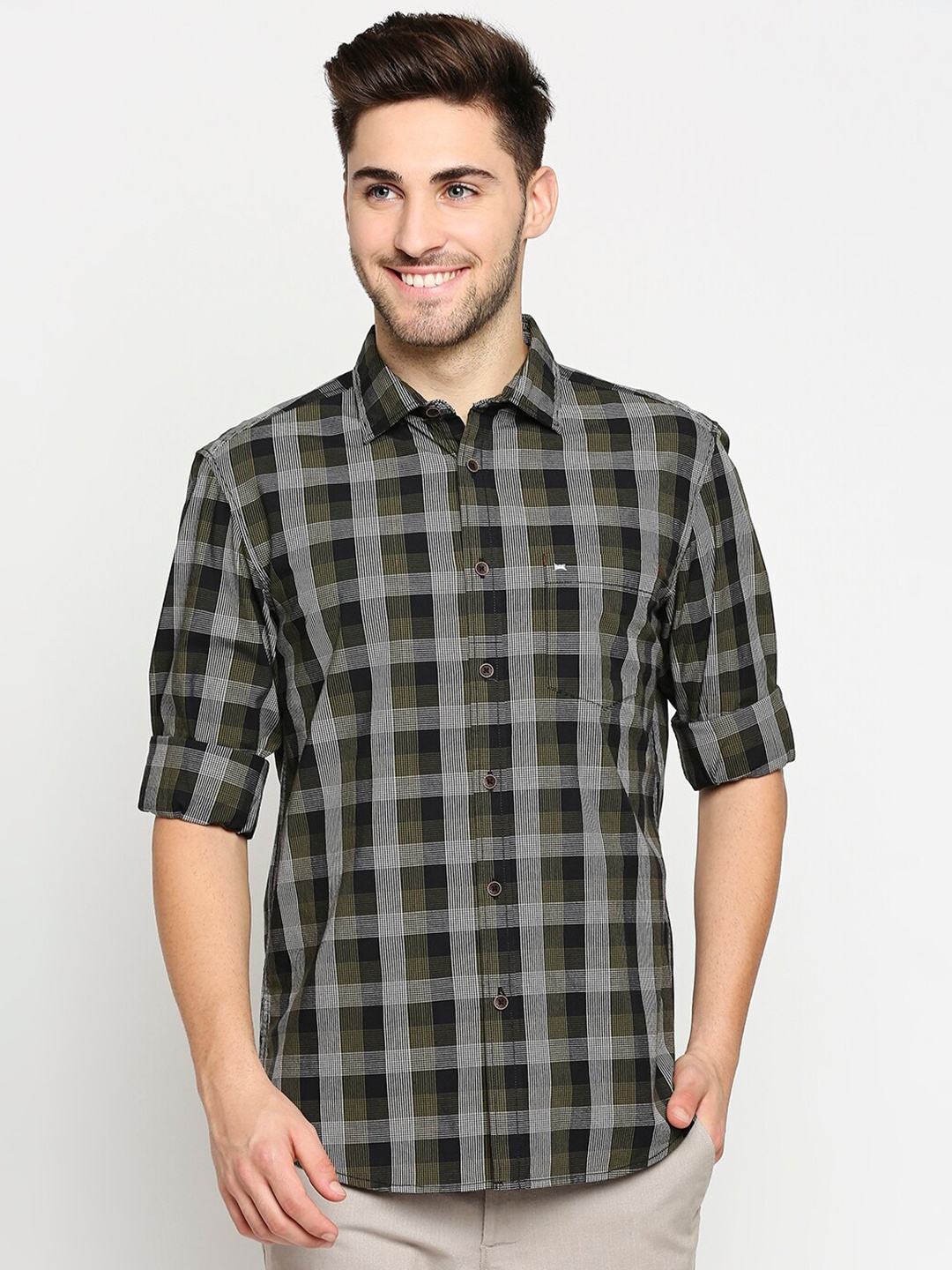 

Basics Men Olive Green Pure Cotton Buffalo Checks Slim Fit Casual Shirt