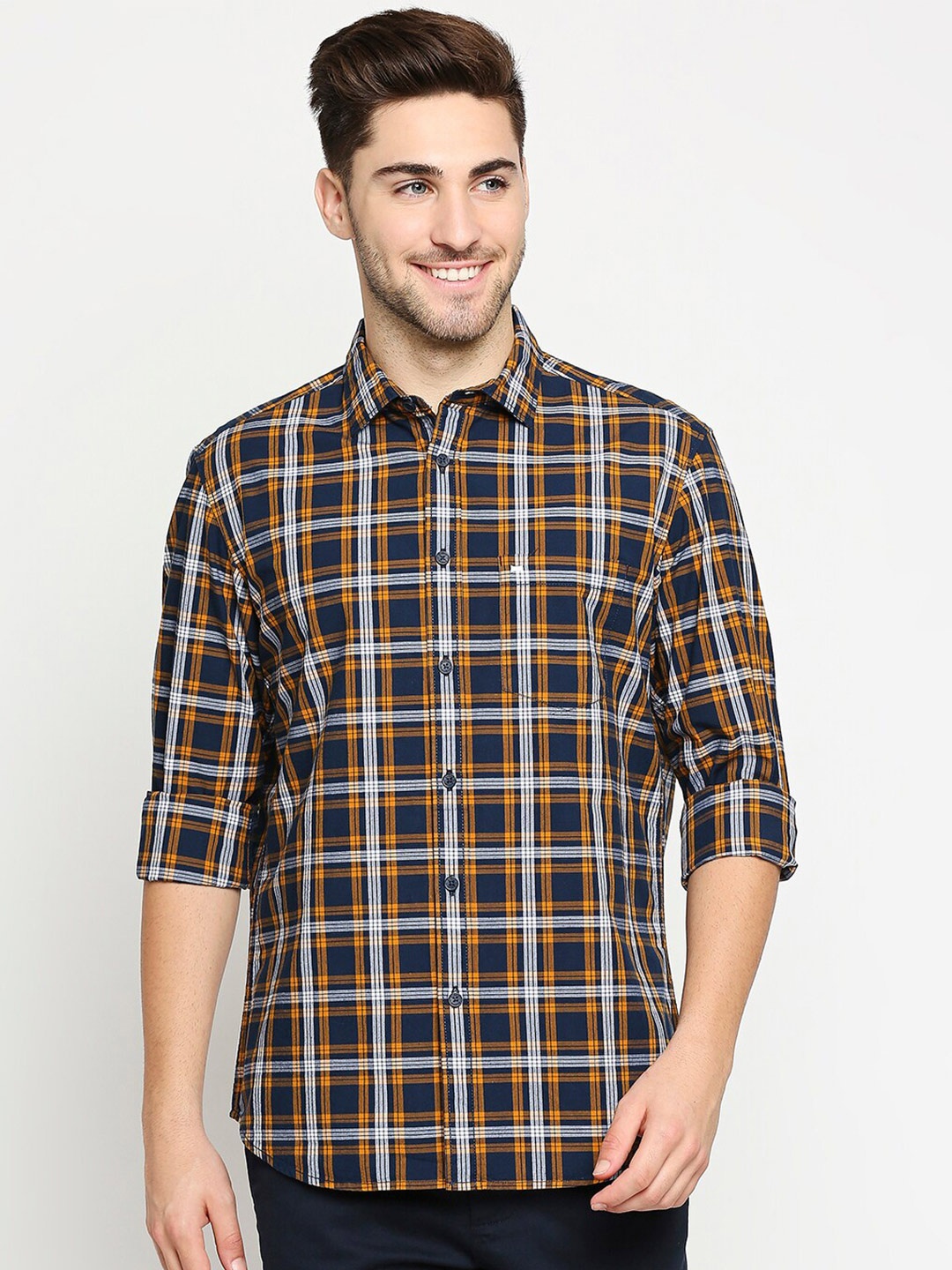 

Basics Men Yellow Slim Fit Tartan Checked Cotton Casual Shirt