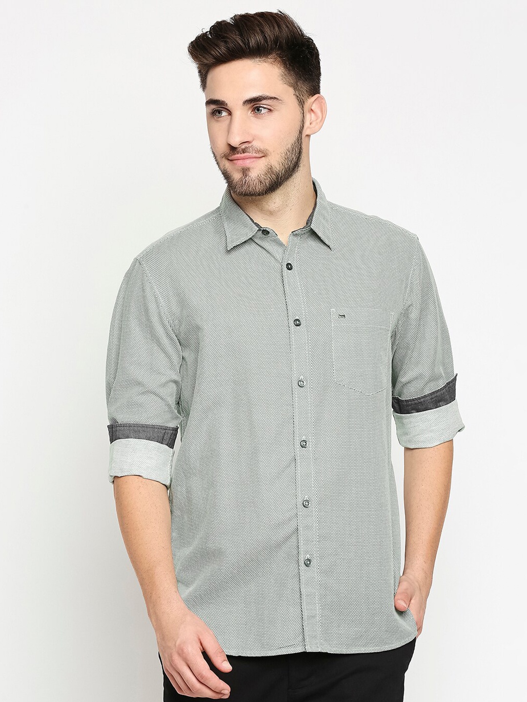 

Basics Men Green & White Slim Fit Micro Printed Cotton Casual Shirt