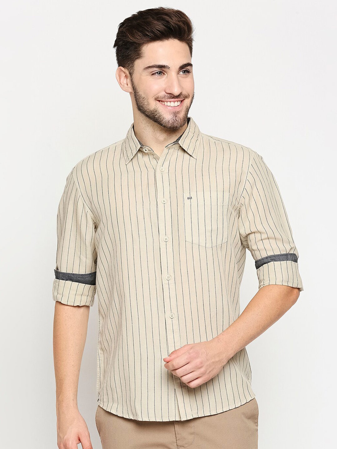 

Basics Men Beige Slim Fit Striped Casual Shirt