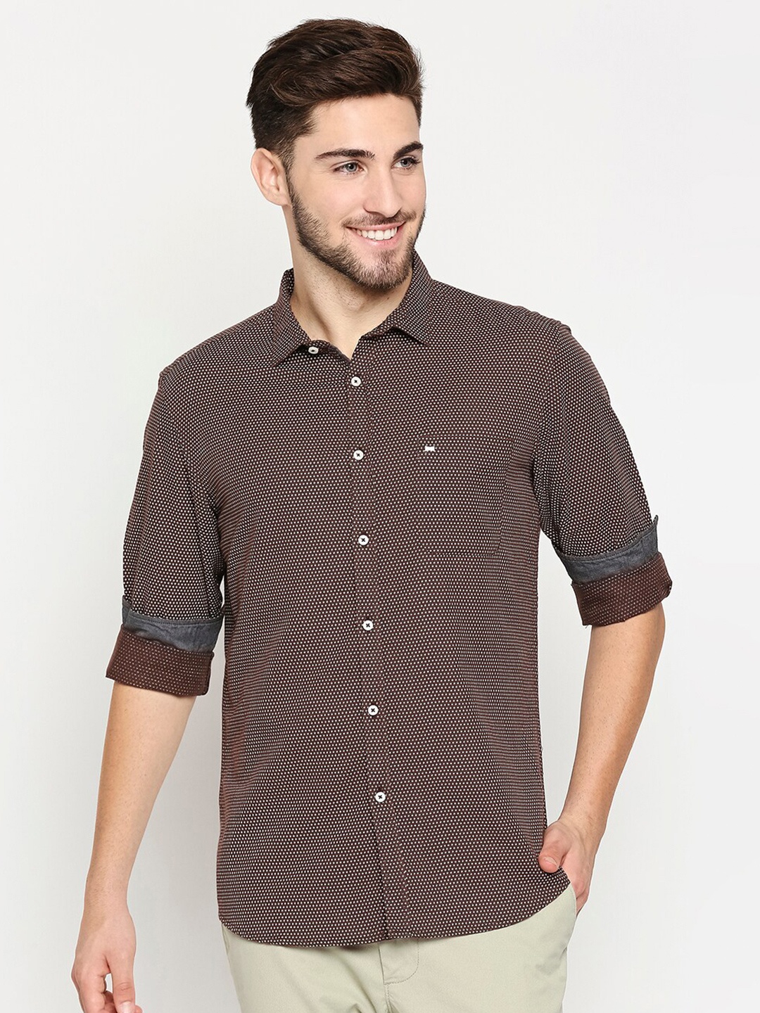 

Basics Men Brown Slim Fit Printed Cotton Casual Shirt