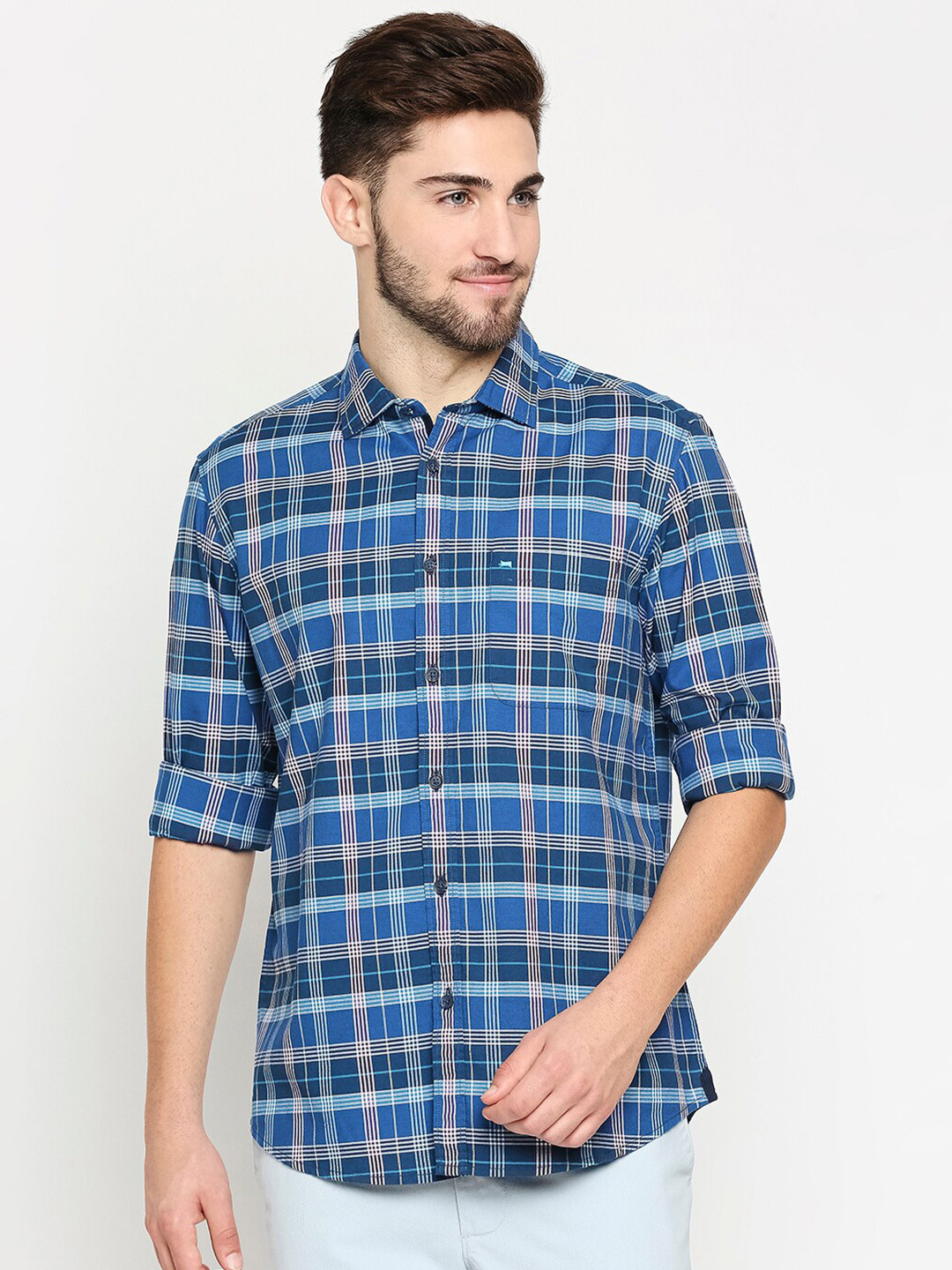 

Basics Men Navy Blue Slim Fit Tartan Checks Checked Casual Shirt
