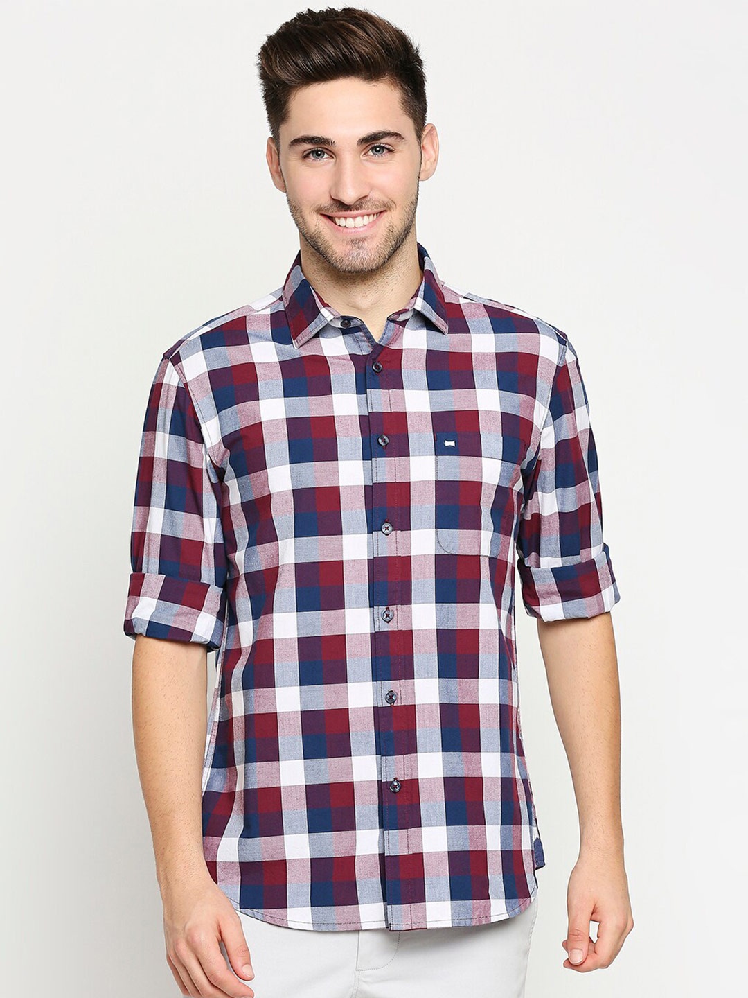 

Basics Men Pink & Navy Blue Slim Fit Checked Pure Cotton Casual Shirt